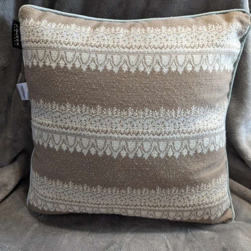 J. Queen square throw pillow in tan/white/mint 17x17